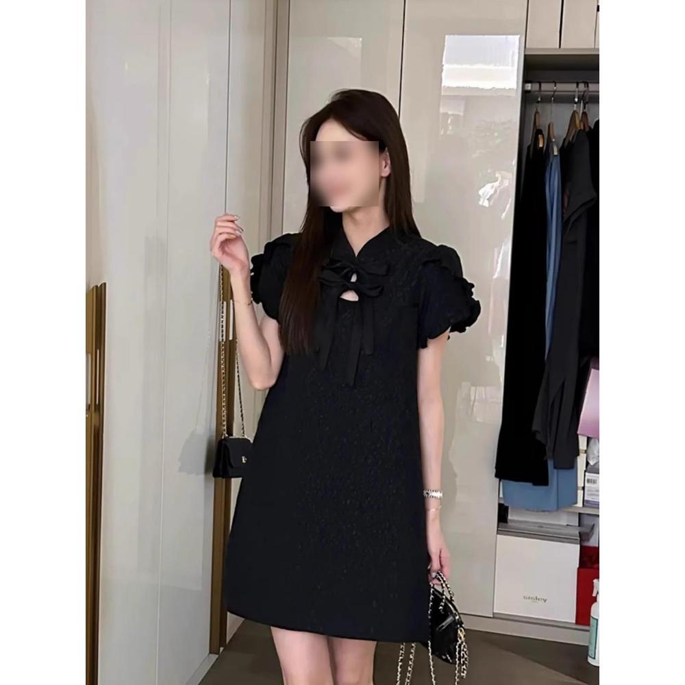 

Женское платье с кружевными рукавами и воротником-стойкой, летнее, свободное, тонкое, мятое, универсальное, женская юбка, абрикосовая, короткая юбка XL- (recommended 110-60kg) чёрный