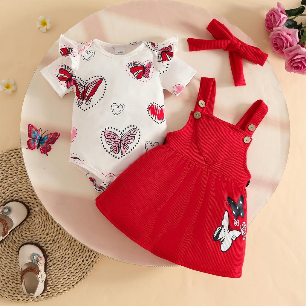 Summer Baby Girl Dress Set: Butterfly Heart Romper, Corduroy Suspender Skirt & Hairband