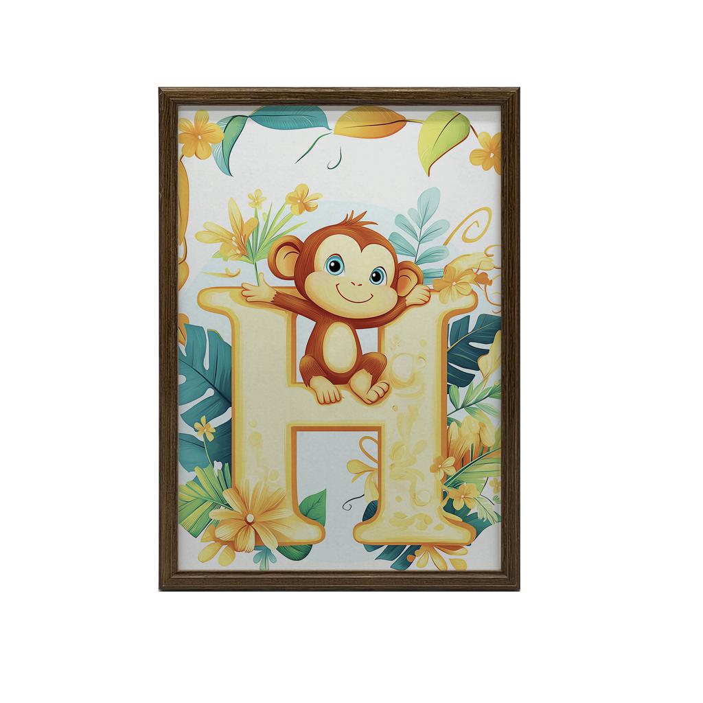 Plakat Litera H Z Małpką W Tropikalnym Stylu Plakat Litera H Z Małpką W Tropikalnym Stylu, 70X100 Cm, Rama Drewniana Jasny Dąb, Papier Matowy 230 Gsm