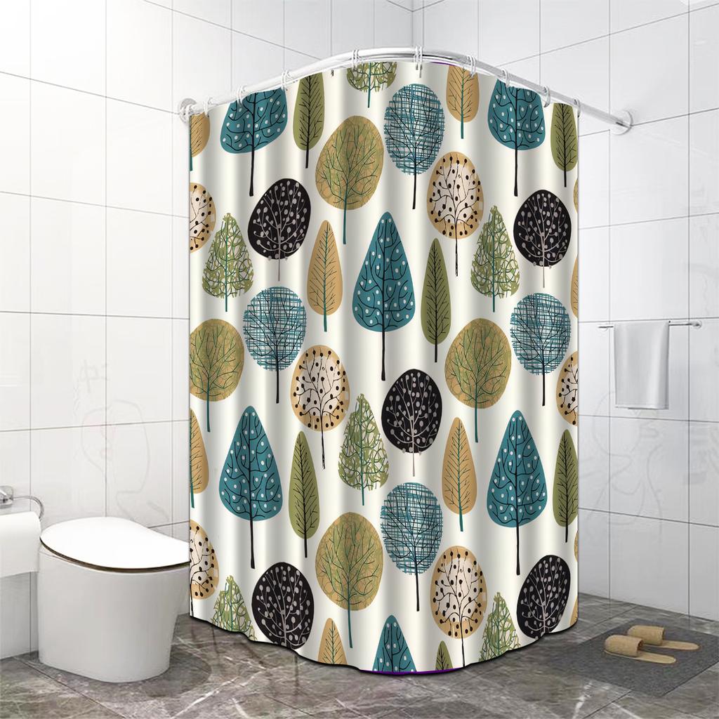 Elegante Tenda da Doccia con Motivo ad Albero, Blu/Verde/Beige/Nero, Lavabile in Lavatrice, Include Ganci, Decorazione Bagno Multifunzionale