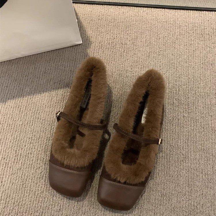 

Мягкая подошва, пушистые туфли, зимняя обувь, женская обувь 2025, осень и зима, новые туфли Мэри Джейн с квадратным носком, бархатные теплые хлопковые туфли 40