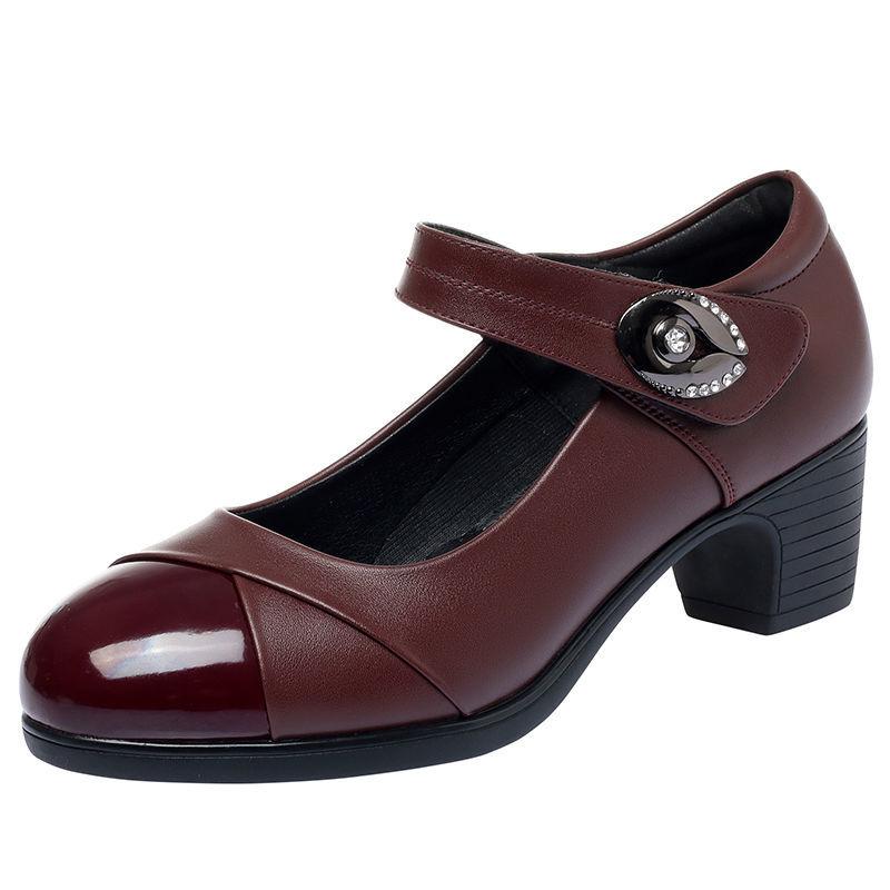 Chaussure Unique Femme Printemps et Automne Antidérapante Velcro Chaussures en Cuir Chaussures de Danse Talons Épais Chaussures de Travail