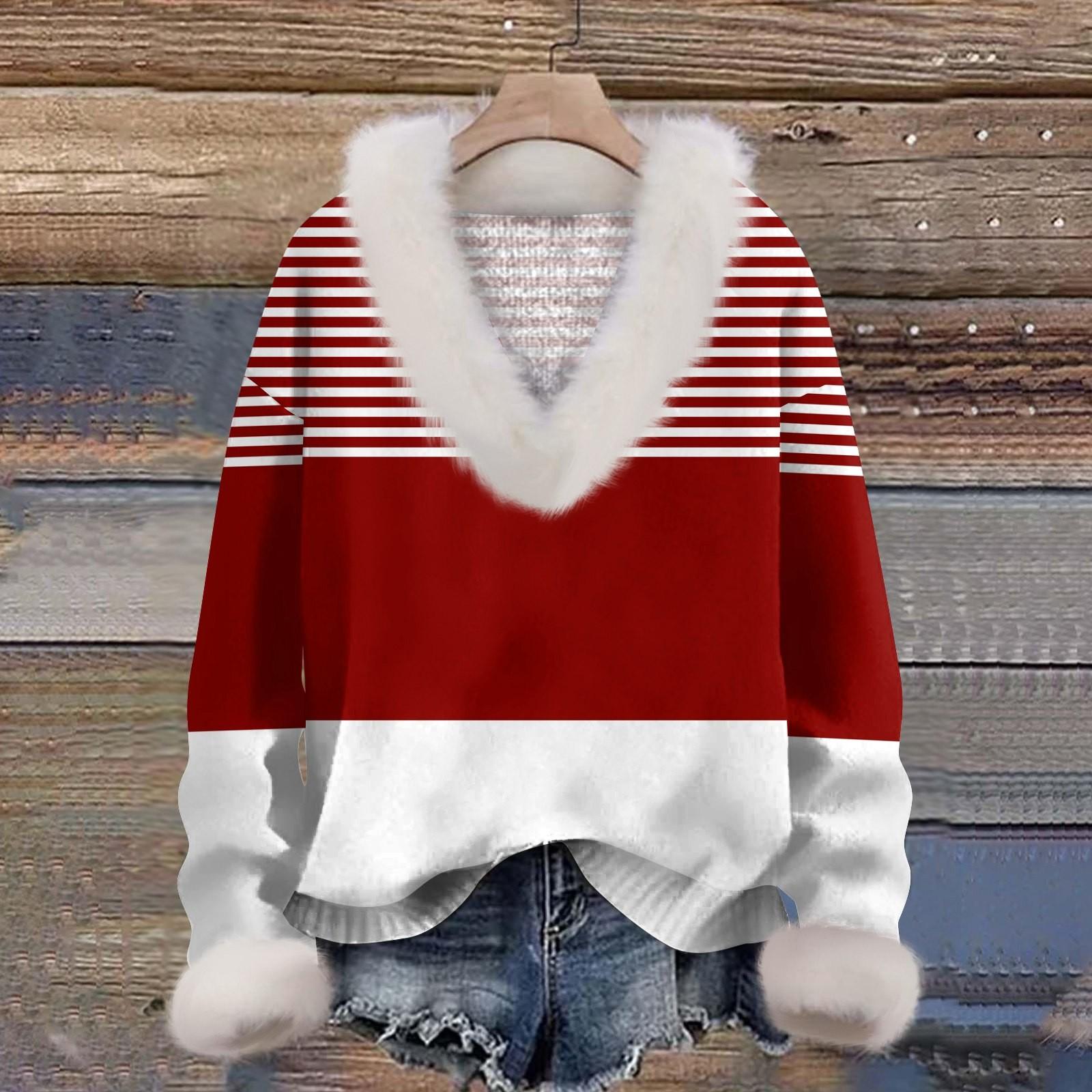 

Женская толстовка с длинным рукавом, принтом, плюшевым воротником, V-образным вырезом, пуловер XL красный