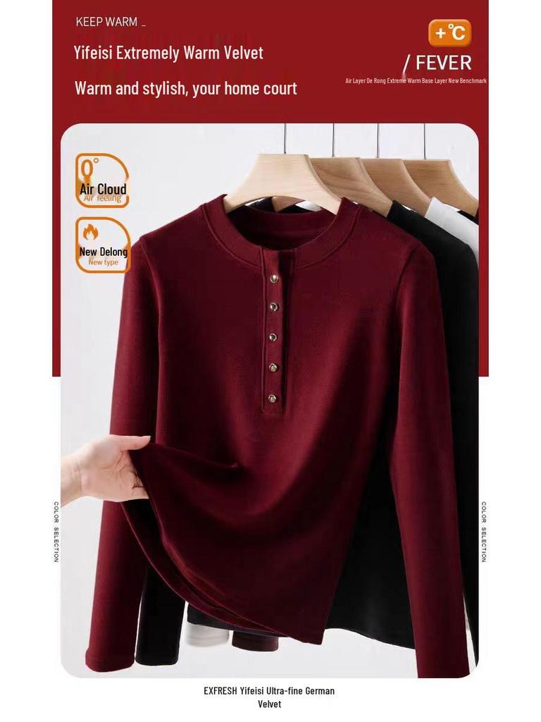 Women's 270g Slimming Long-Sleeve Fleece T-Shirt, Spring/Autumn 2025 Style, Button-Up Round Neck