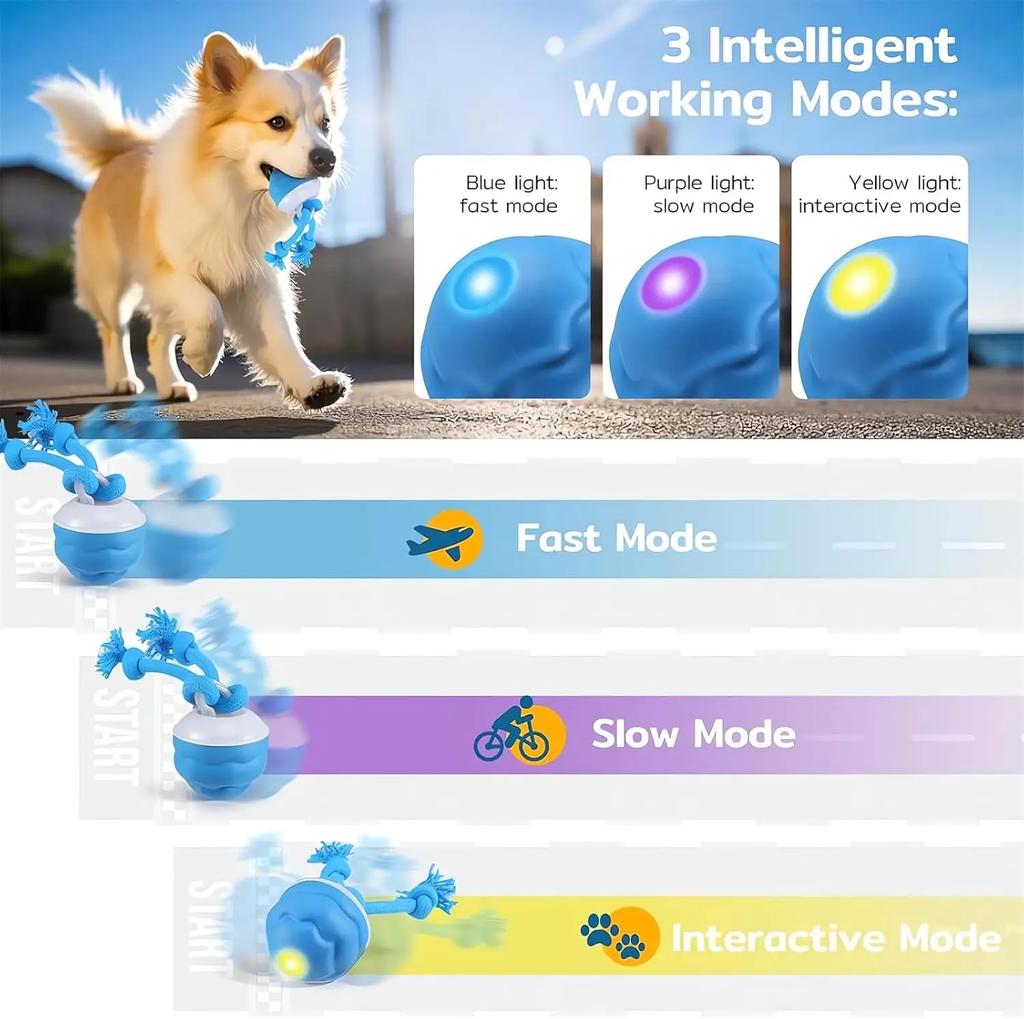 Interactive Smart Dog Ball Toy with Rope, Automatic Moving Rolling Bouncing Pet Toy, USB Rechargeable for Puppies & Dogs