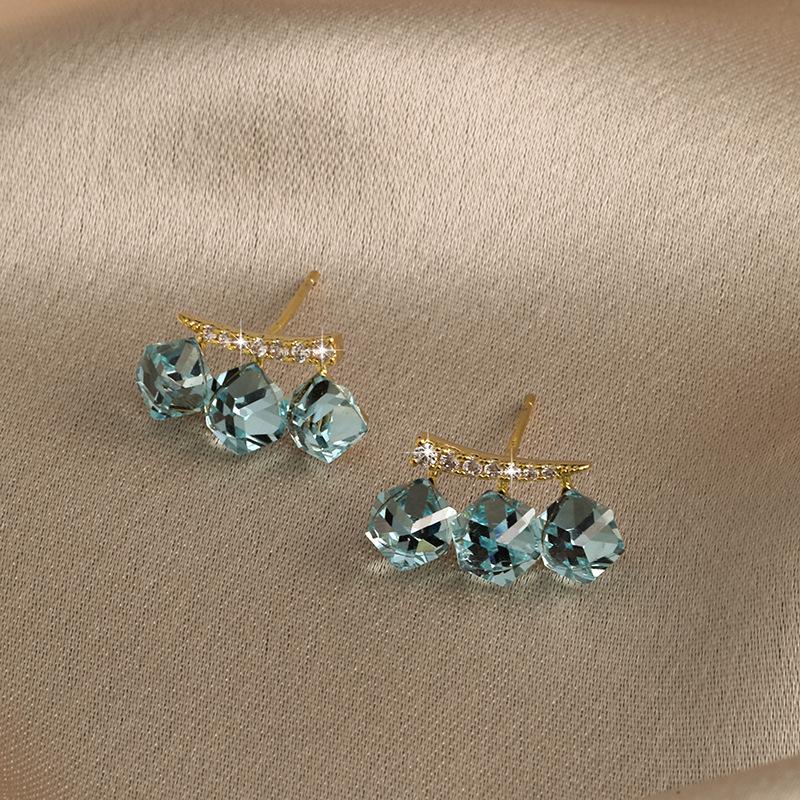 Cubic Crystal Earrings Silver Studs Seafoam Blue 3D Geometric Design Hypoallergenic Lightweight Sweet Elegant Jewelry for Women