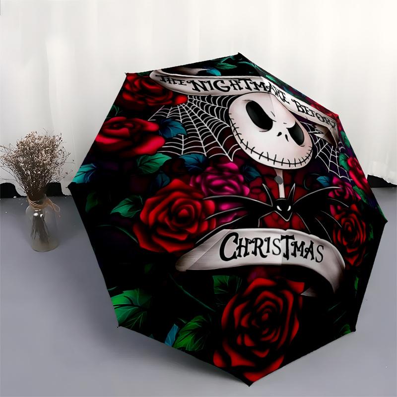 1pc The Nightmare Before Christmas Jack Skellington Automatic Opening Folding Umbrella with 8-Rib Iron Frame, Suitable for Fans, Travel, Dai