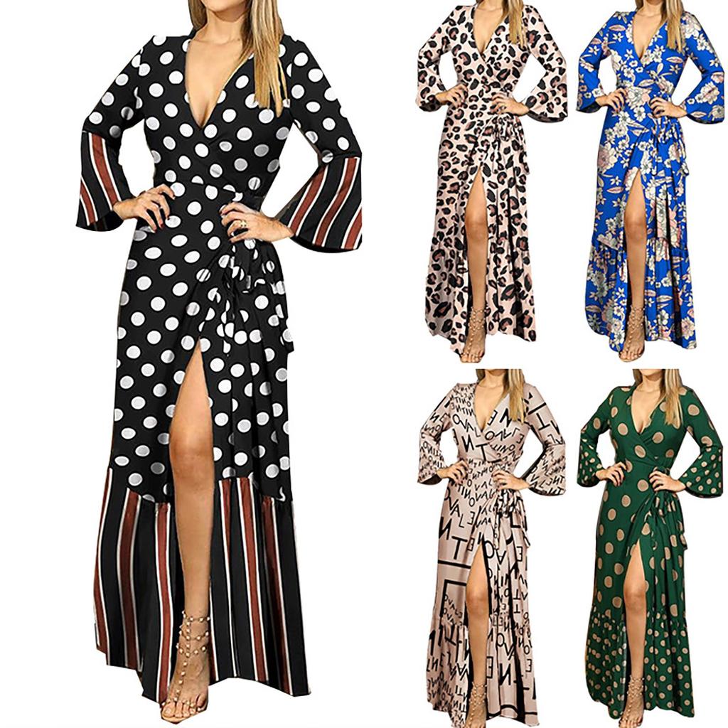 Women's Fashion V-neck Long-Sleeved Print Oversized Strappy Long Dresses