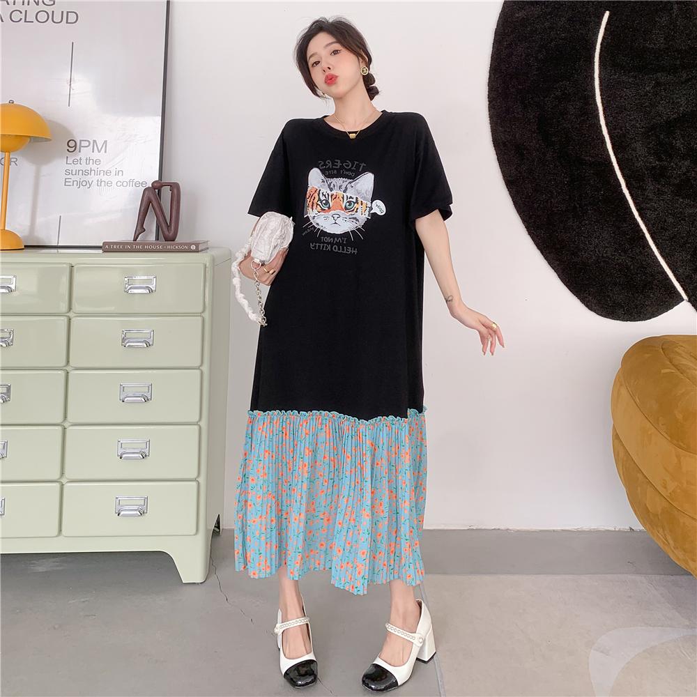 DIMANAF Damen 2025 Übergröße Neues Sommerkleid Plissee T-Shirt Kleid Druck Basic Lang Locker Kleider Maxi