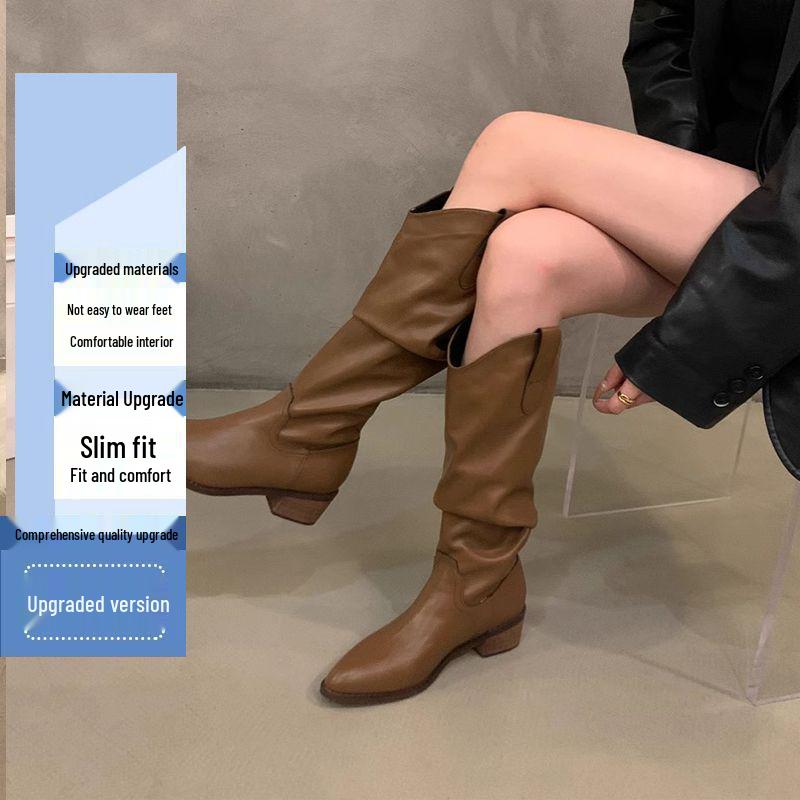 Retro Brown Chunky Heel V-Cut Mid-Calf Boots, Women's Autumn Pointed Toe Western Cowboy Style.