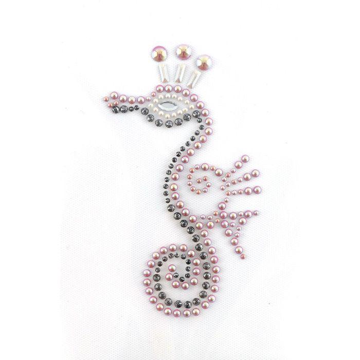 Iron-on Motif - KI-SIGN - Pink Seahorse - Multicolored Rhinestones - 10.3 X 6 Cm