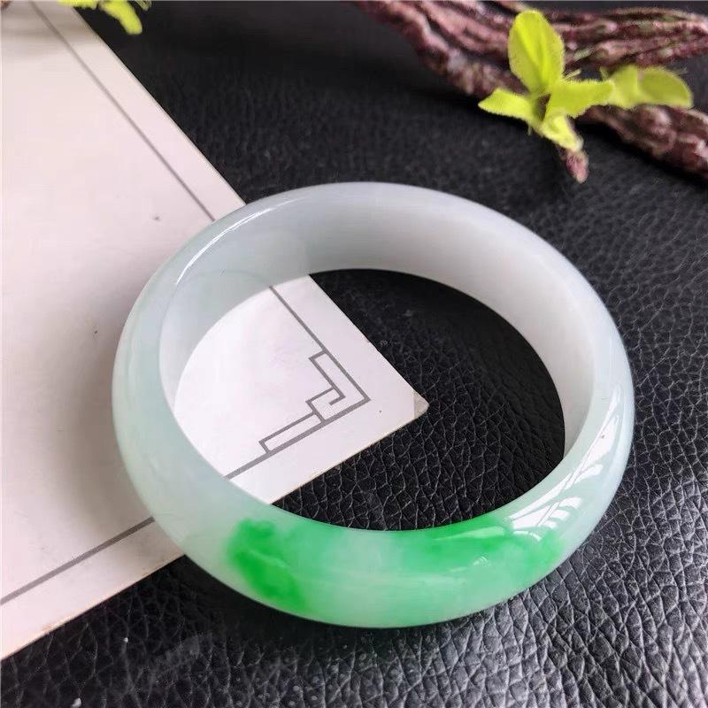 Women s Jade Bangle: Ice-Glutinous, Light Green with Flecks and Floral Patterns, Bright Girly Style, Round Concubine Design. 61mm