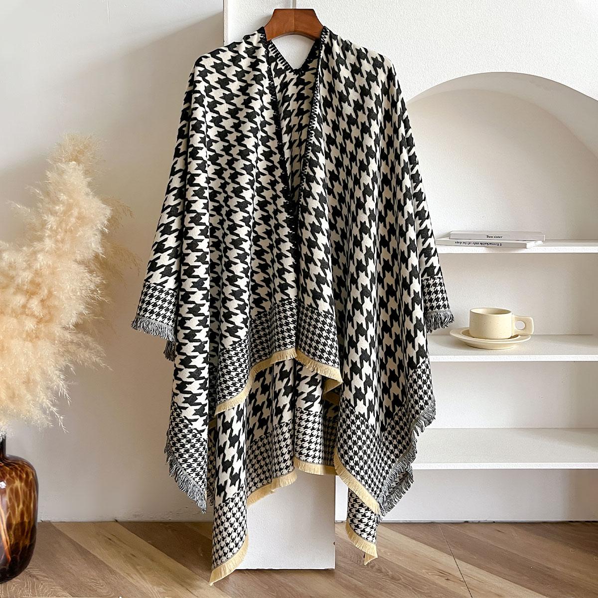 

Houndstooth Women Scarf New Winter Warm Double-Sided Slit Large Shawl Pashmina Foulard Square Thick Blanket Poncho