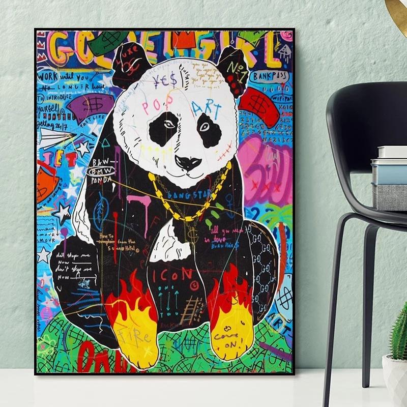 Modern Graffiti Street Panda Art Kiss of Victory Canvas Painting Wall Art Pictures Posters and Prints for Living Room Home Decor No Frame