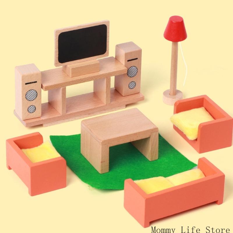 Wooden Miniature Furniture Playset Kids Role Playing Game Scene Arrangement Toy