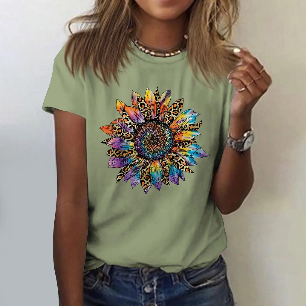 Sunflower Ladies Cute Print Short Sleeve Round Neck Front Shoulder Vintage Short Sleeve Summer Loose Shirt Top