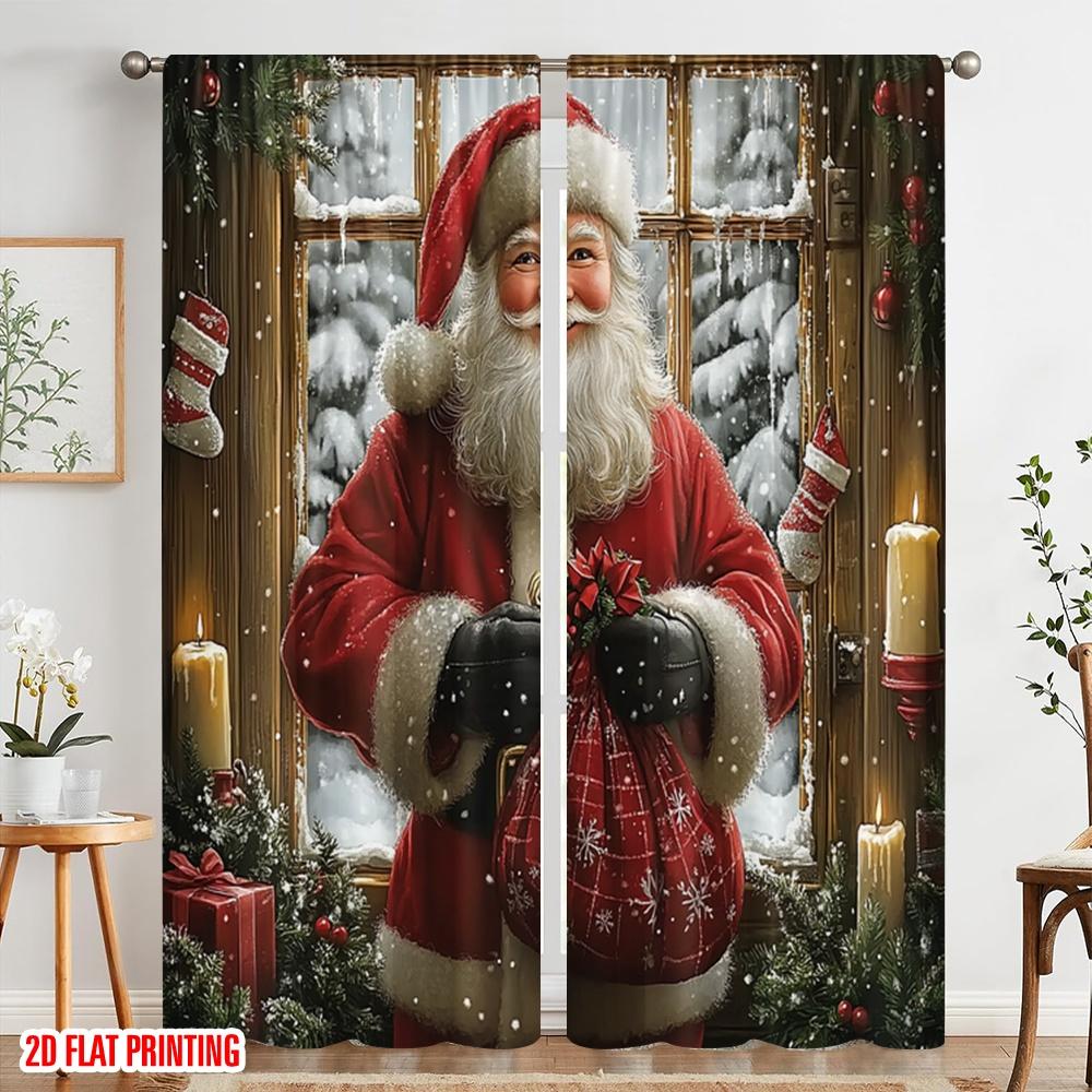 2pcs,2D Plane Printing Minimalist Curtains Santa Claus Snowflakes Holiday Spirit (2) 100% Polyester (without Rod) Art Deco