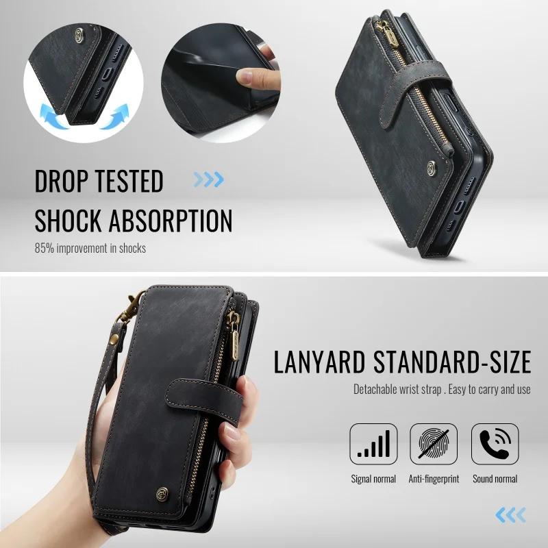 Leather Zipper Purse Phone Case for iPhone 17 Air 16E 16 15 14 12 13 11 Pro Max XS XR 8 7 Plus Flip Card Lanyard Wallet Cover