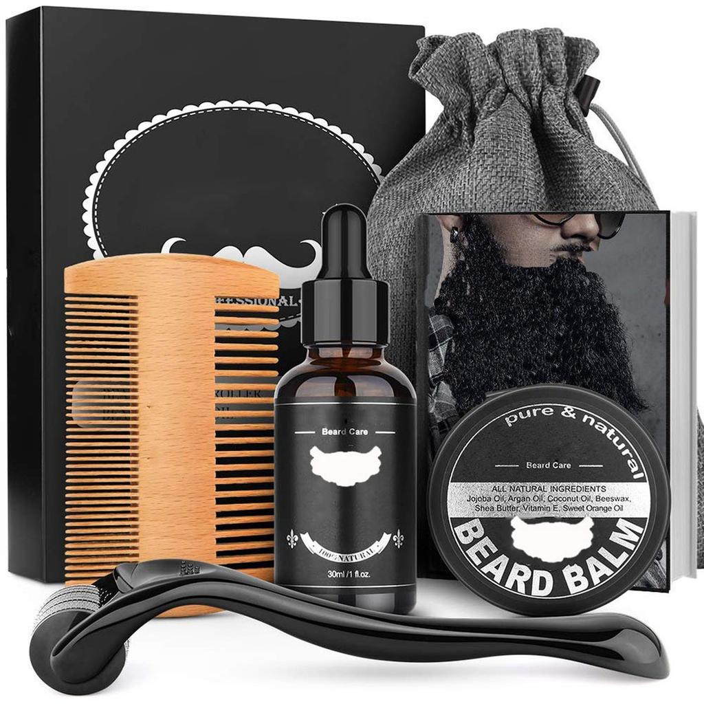 Men's Beard care full set beard comb Balm Double-sided comb with roller beard growth liquid 30ml