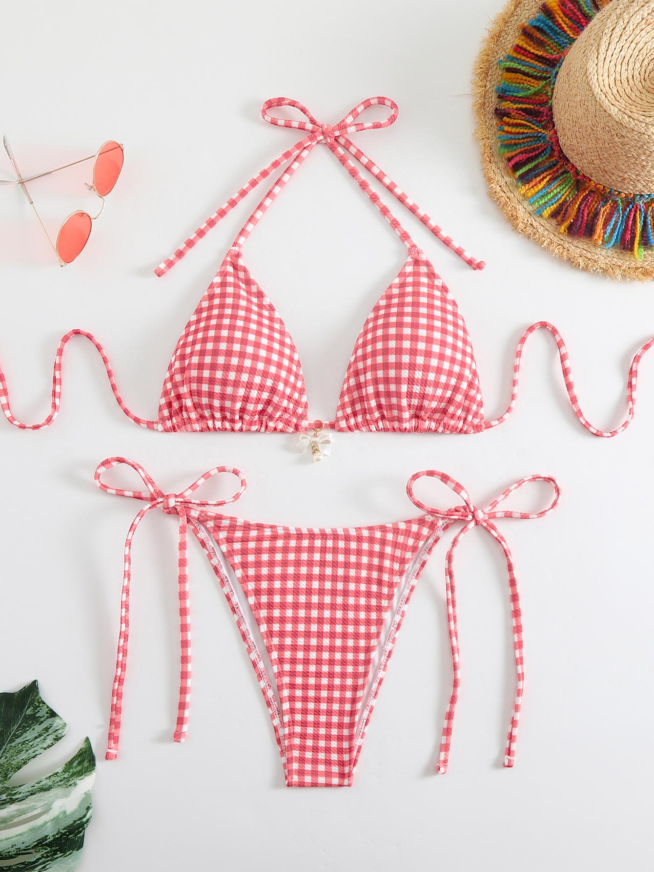 

Европейская и американская мода 2024 года: Женский сексуальный купальник бикини с принтом и завязками, комплект из двух предметов для отпуска Small розовый