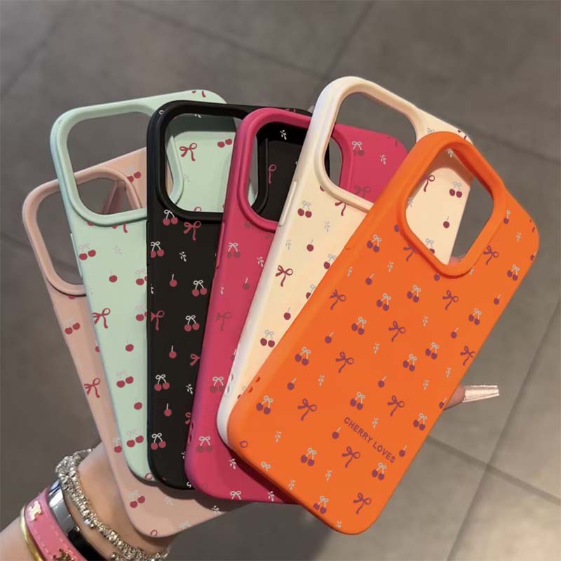 Cherry Blossom Lichee Pattern Silicone Phone Case For iPhone 16 Pro Max 15 14 Plus 13 12 11 XS X XR 16e With a Bow Design Cover