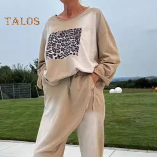2 Teile/satz Damen Top Hosen Set Rundhals Leopardenmuster Lange Ärmel Schlitz Saum Sweatshirt Elastische Taille Jogginghose Sport Outfit Herbst Lässiger Trainingsanzug