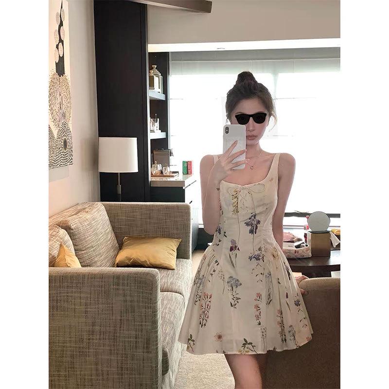 YUYUREAL Floral Lace-up Slimming Spaghetti Strap Dress Large
