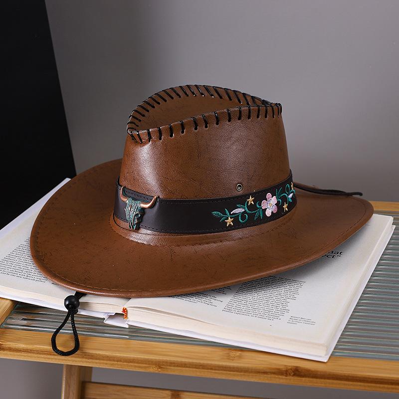 

Vintage Fashion Cow Head Decorated Western Cowboy Hat Faux Leather Panama Style Bucket Jazz Cap for Men adult хаки