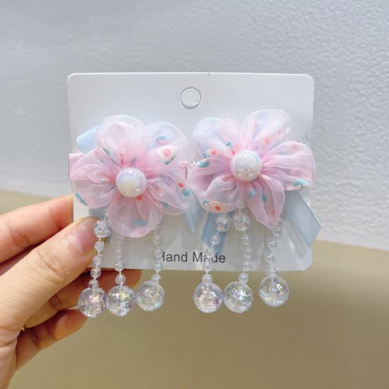 Hairpin Gradient Organza Flowers Bowknot Imitation Pearl Decor with Beaded Tassel Hair Clip