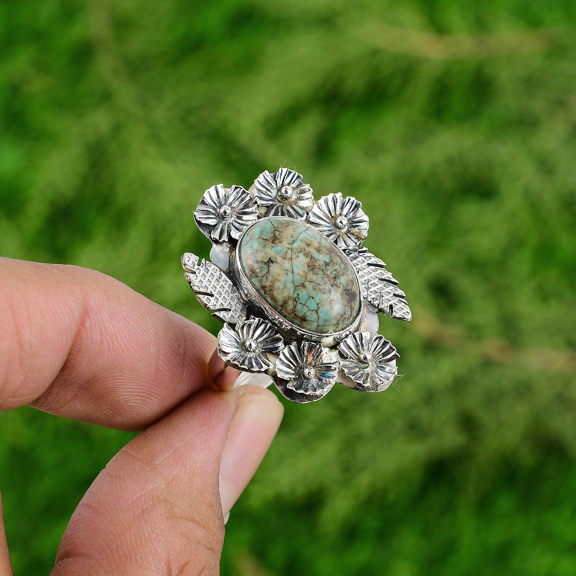 

Natural Tibetan Turquoise Multi Stone Flower Adjustable Ring 925 Silver Adjustable