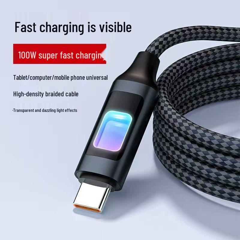 100W Fast Charging Braided USB-C Cable with Colorful Breathing Light for Apple and Huawei 15/17