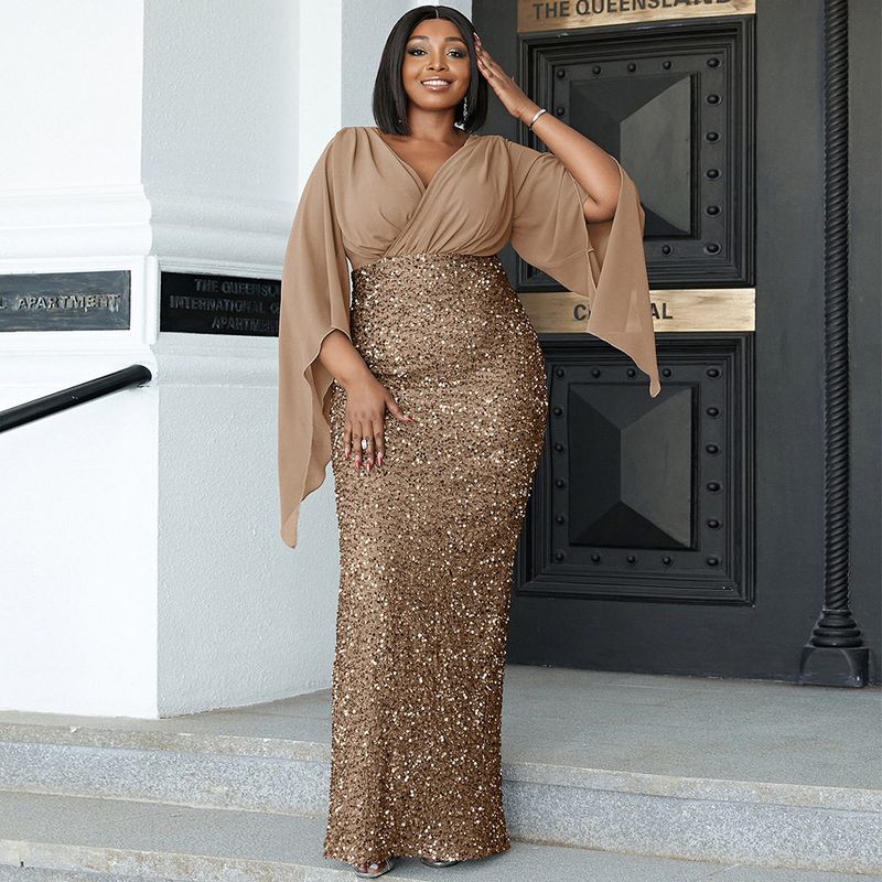 Plus-Size Elegant and Sexy Long Sequined V-Neck Long-Sleeve Evening Gown for Birthday Parties and Bridesmaids