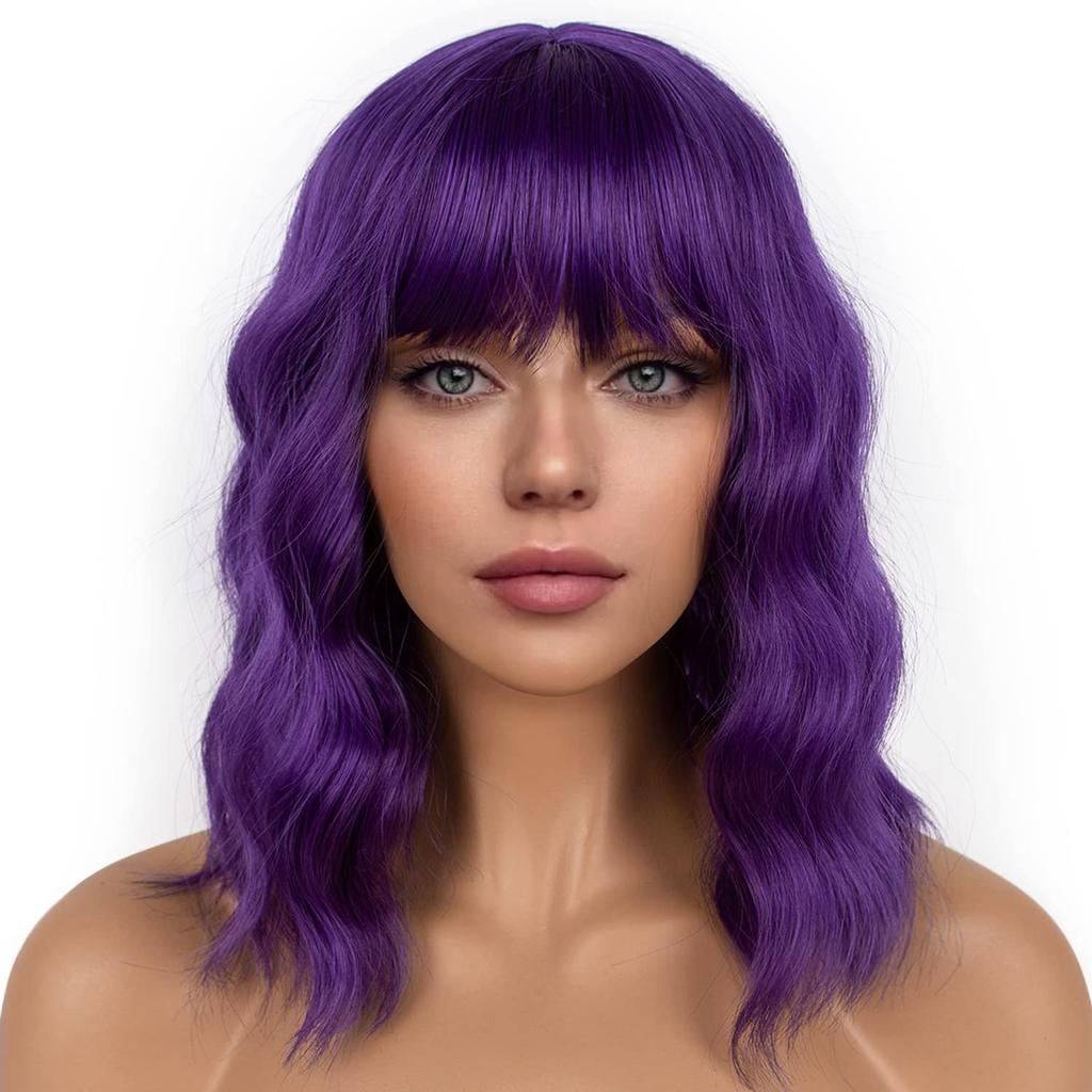 LANCAINI Short Bob Wigs with Bangs for Women Loose Wavy Wig Curly Wavy Shoulder Length Bob Synthetic Cosplay Wig for Girl Colorful Costume Wigs