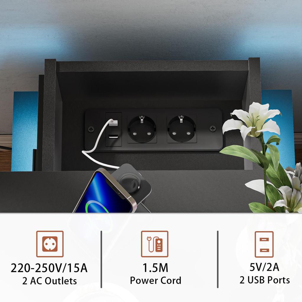 Bedside table, three drawers, with charging station, 2 AC power outlets/2 USB ports, European standard plug, black.