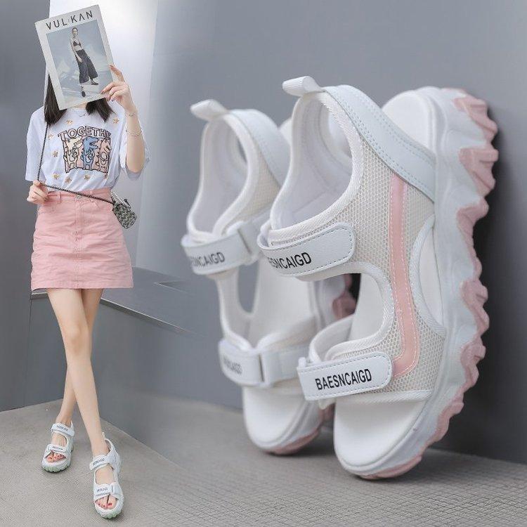 

2025 Student Summer Beach Sandals Platform Muffin Sports Sandals Women s Height Increasing Wave Bottom Velcro Sandals Lightweight 40 розовый