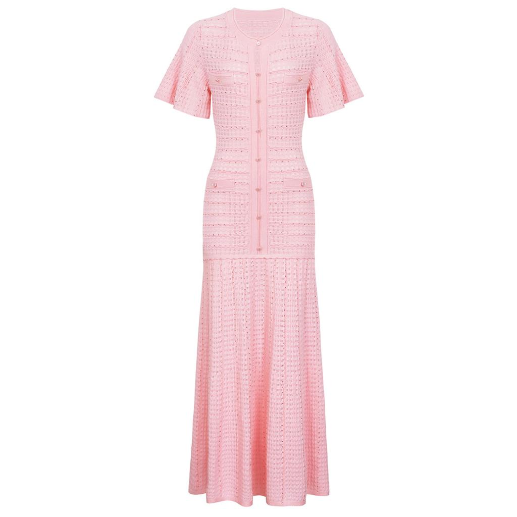 In-stock high-quality summer new socialite slim fit rhinestone short-sleeve V-neck shiny silk dress 2675