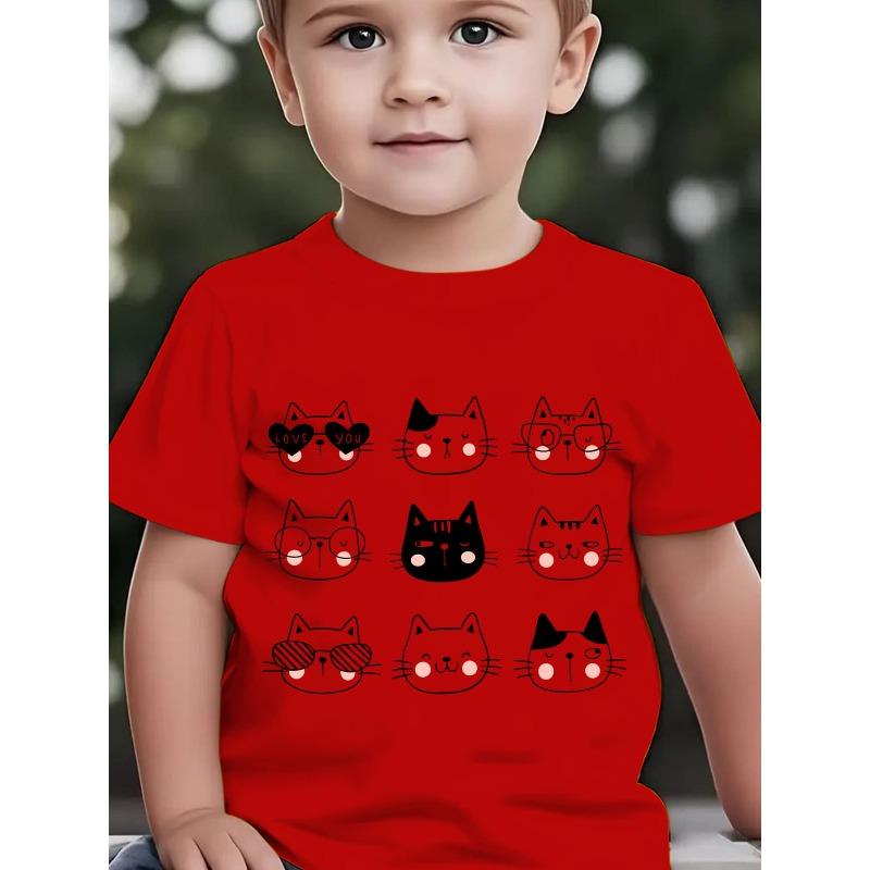 European sizes Summer Boys' Fashion Short Sleeve T-Shirt with Nine-Grid Black And White Kitten Elements Cartoon Pattern Print Outdoor Casual Top
