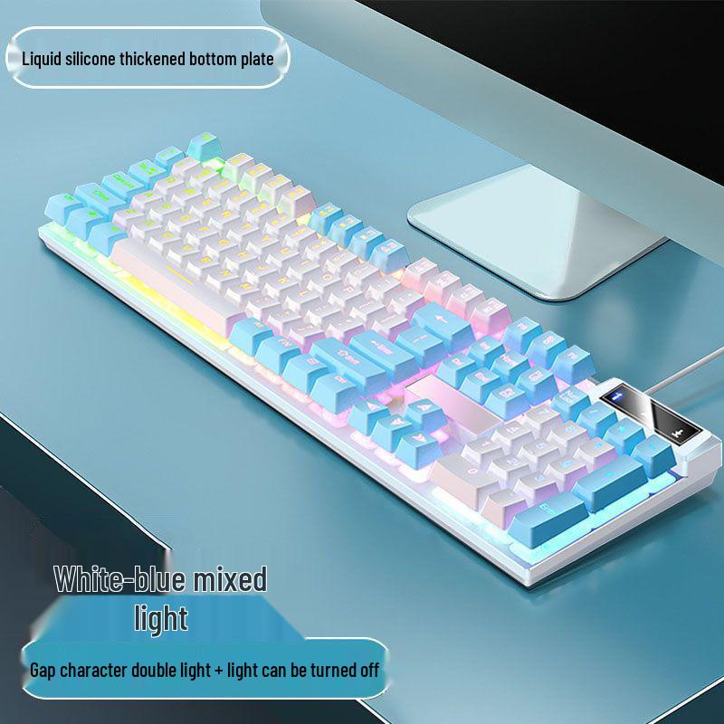 Blue & White Backlit Gaming Keyboard - Full Size Mechanical Feel, Wired USB