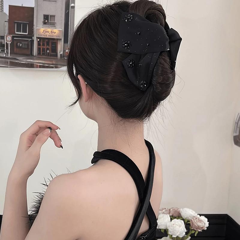Винтажная заколка для волос из мягкого черного атласа, шпилька, большое украшение-бант, женские аксессуары для волос чёрный