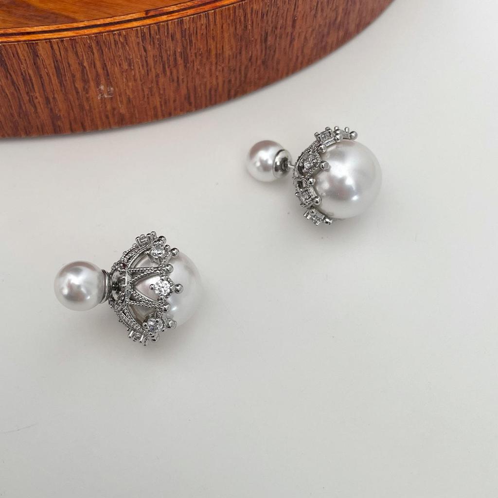Elegant Two-Way Pearl & Zircon Stud Earrings: Front-Back Style, Copper, Simple & Fashionable, Light Luxury Design