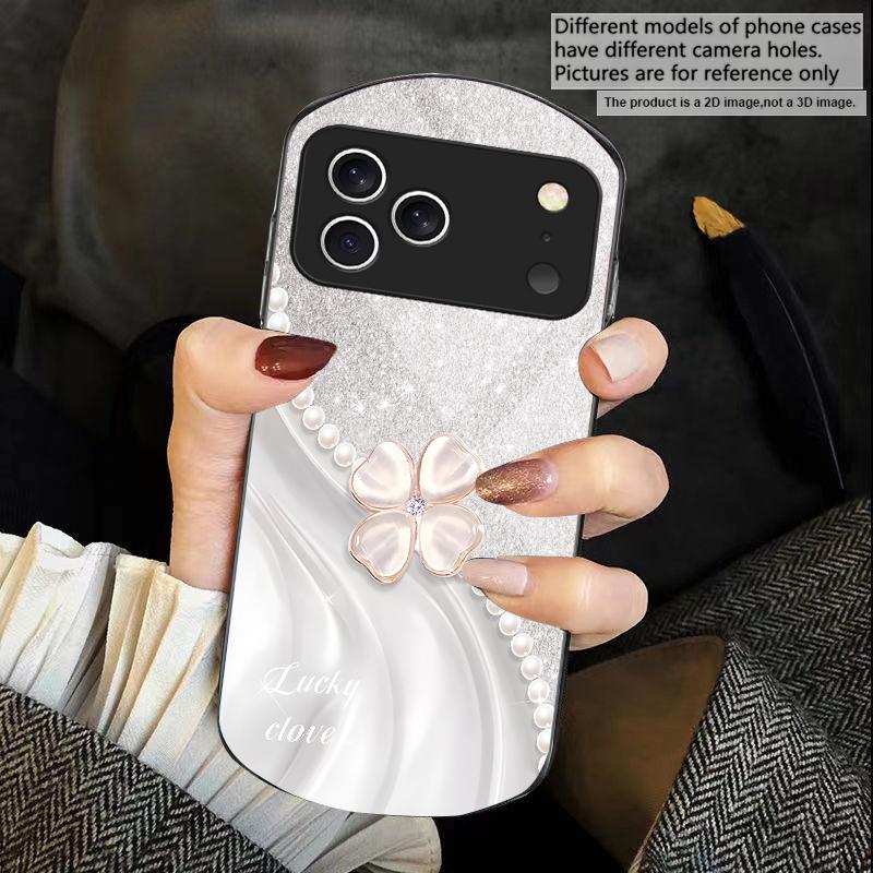 Pink Four-leaf Clovers For iPhone 17 16 15 14 Pro 13 Plus 12 Mini 11 Pro Max XR X S 7 8 6 Elliptical Tempered Glass Phone Case
