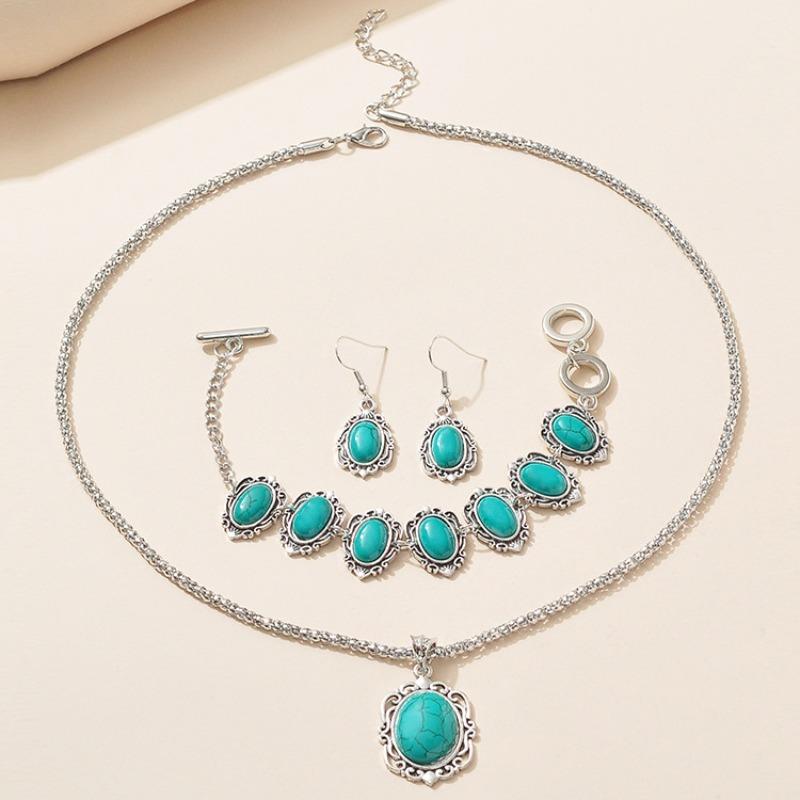 3 pcs Vintage Bohemian style turquoise necklace bracelet earrings three piece set Zircon gift 2024