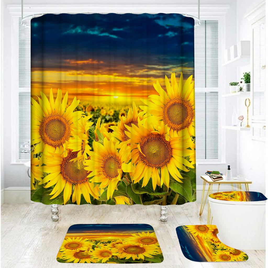 Bathroom Shower Curtain Four-Piece Shower Curtain Waterproof And Mildew-Proof Sunflower Shower Curtain Partition Curtain Free Of Punching