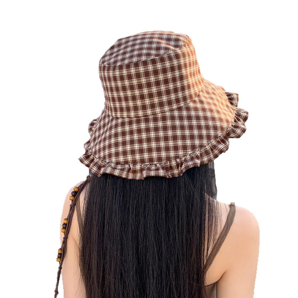 Versatile plaid bucket hat women's high-end large brim sun protection sun hat big head circumference foldable basin hat