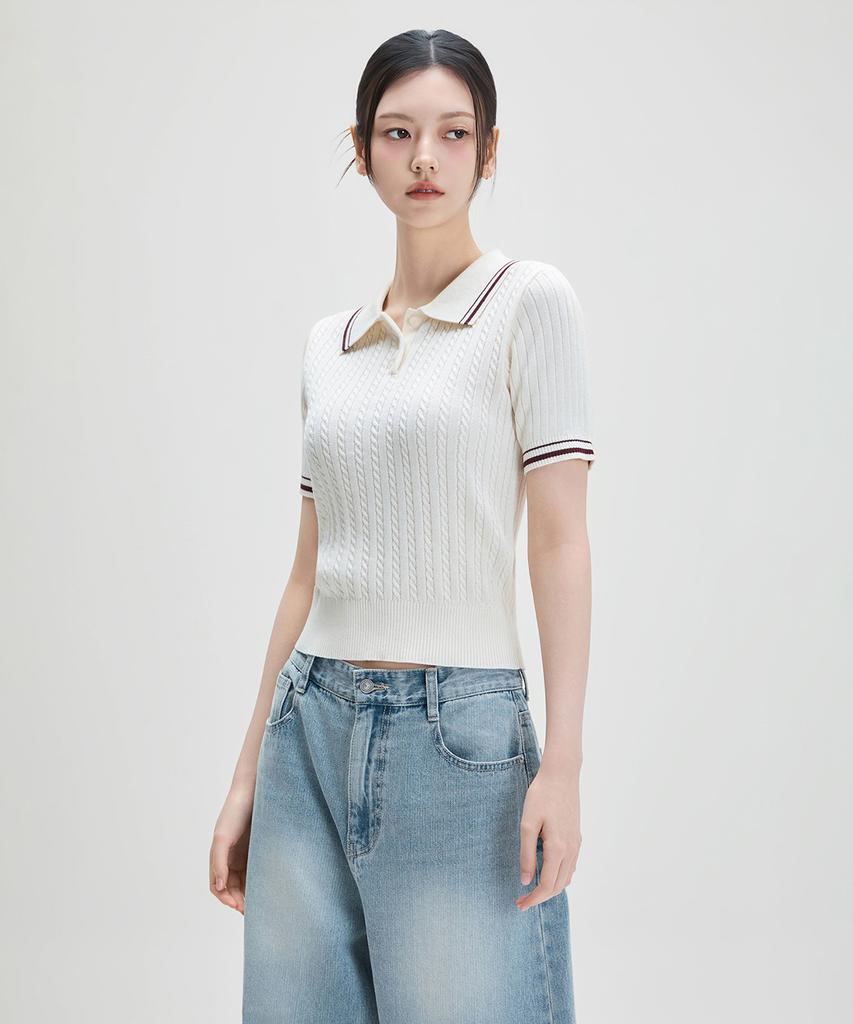 MIXXO Collared Contrast Cable Pullover Re Kaf933T_Miwkag41Qt