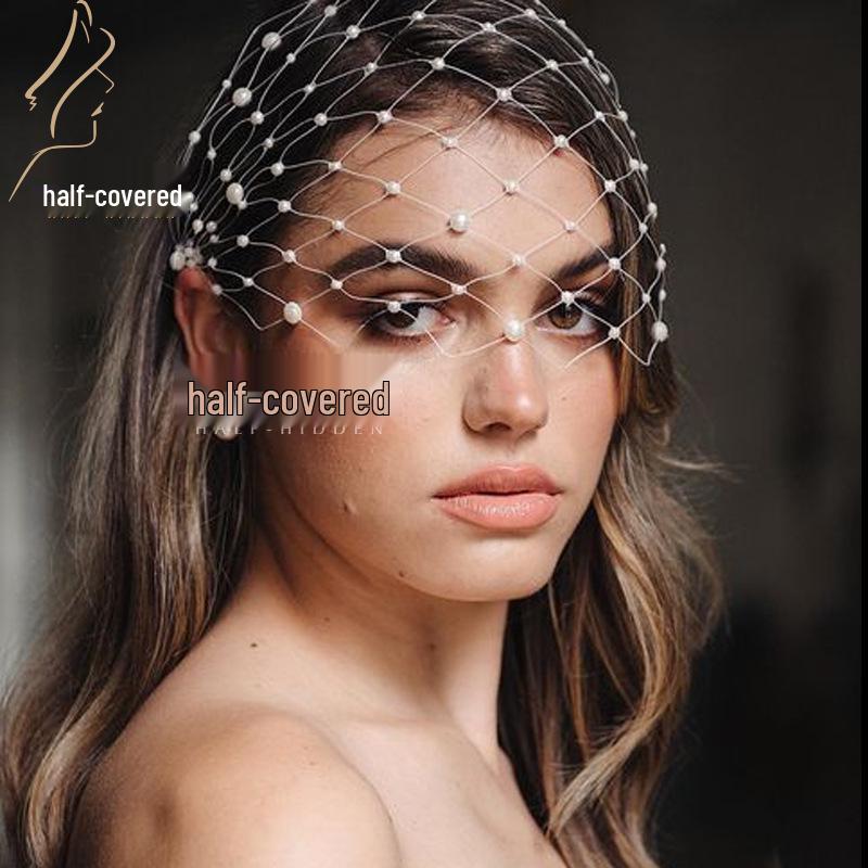 

European-American Retro Pearl Bridal Veil Hair Clip with Mesh