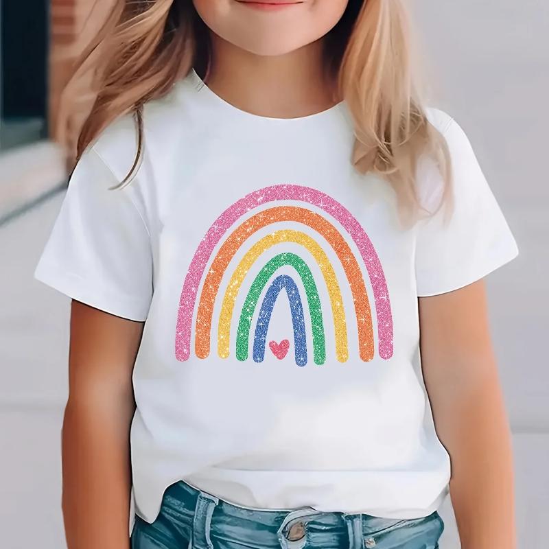 Fashion Summer Baby Girl Trend Rainbow Print Pattern Cotton T-Shirt Children's Fashion Casual Cute Cartoon Summer Short Sleeves