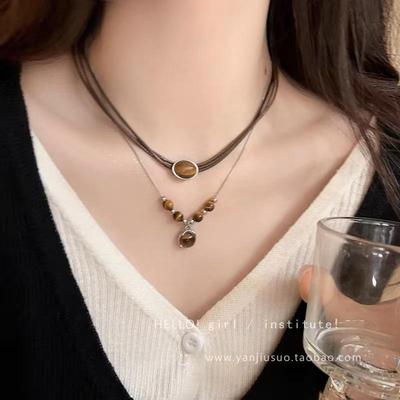 Retro Women's Leather Tiger Eye Pendant Necklace - Light Luxury Double Layer Clavicle Sweater Chain