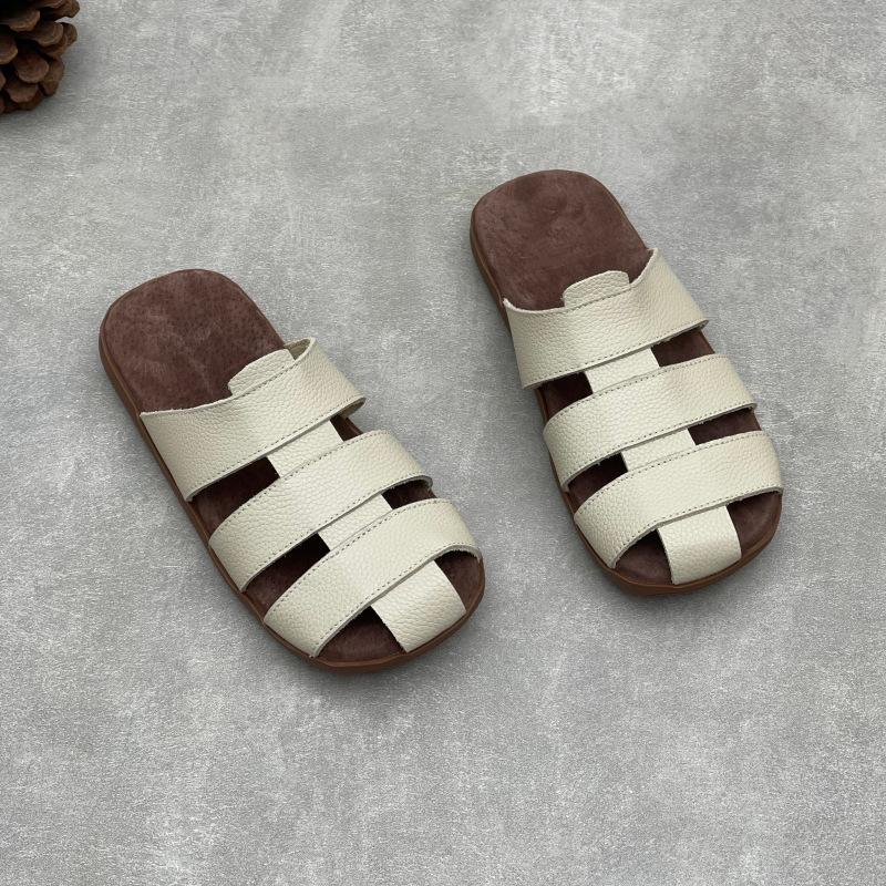 Johnature Genuine Leather Flat Slippers Weaving Hollow-out Breathable Casual Women's Slip-on Shoes