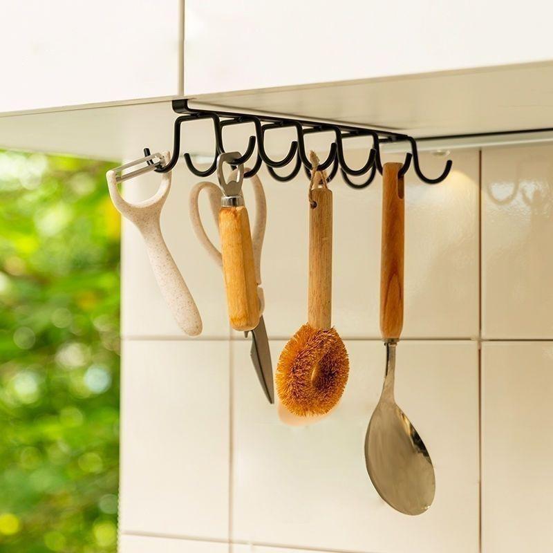 Multifunctional Double-Row Storage Hook Wardrobe Cabinet Metal Shelves Hanging Hooks Punch-Free Hanging Cup Holder Kitchen Tool